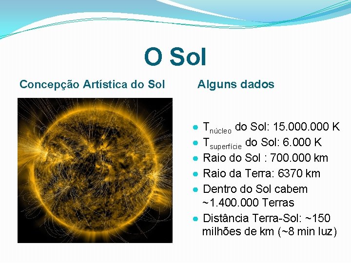 O Sol Concepção Artística do Sol Alguns dados ● ● ● Tnúcleo do Sol: