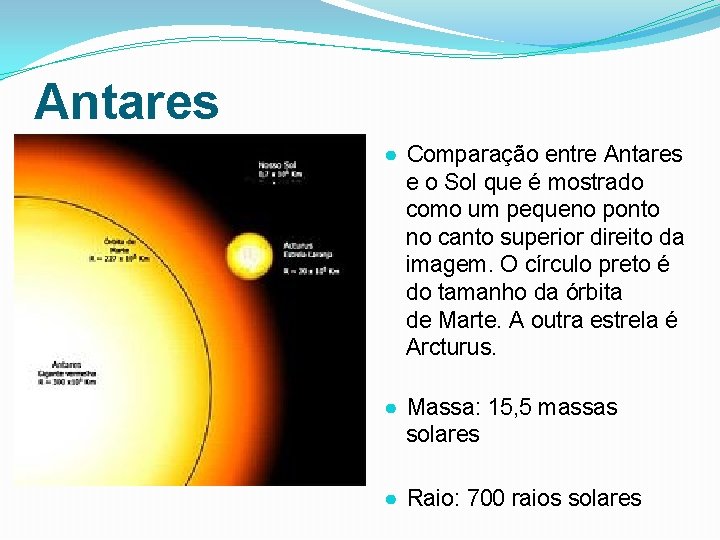 Antares ● Comparação entre Antares e o Sol que é mostrado como um pequeno