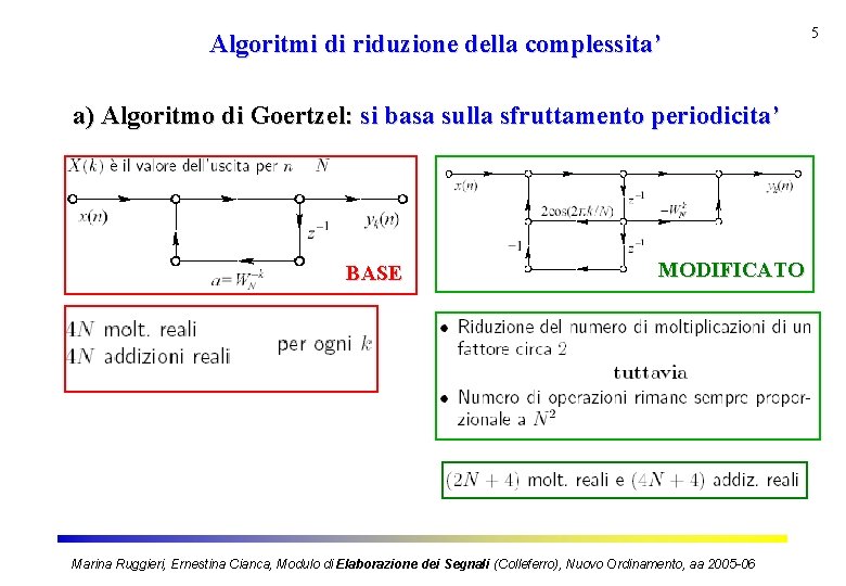 Algoritmi di riduzione della complessita’ a) Algoritmo di Goertzel: si basa sulla sfruttamento periodicita’