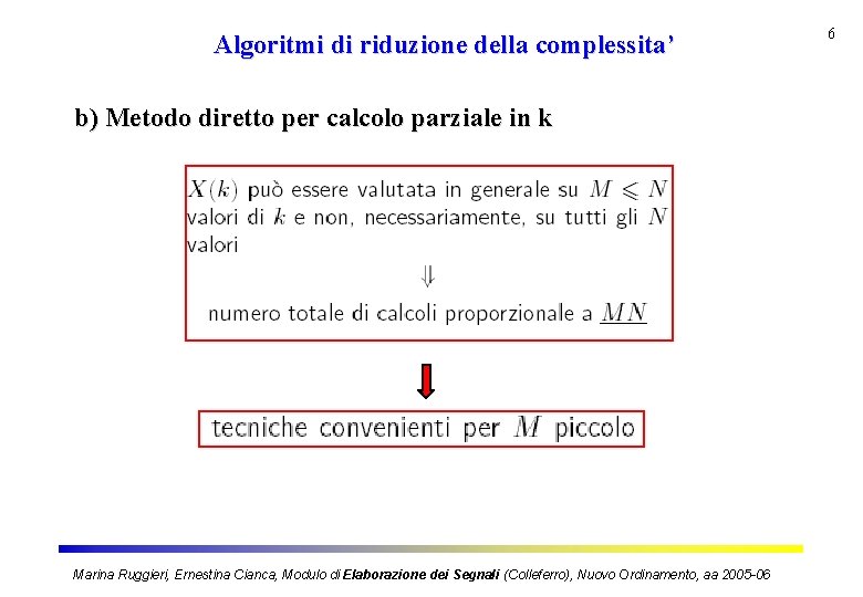 Algoritmi di riduzione della complessita’ b) Metodo diretto per calcolo parziale in k Marina