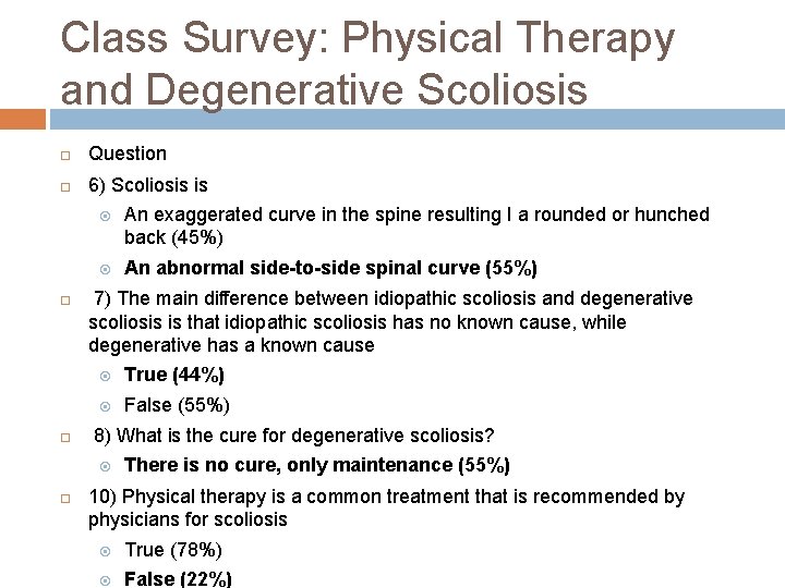Class Survey: Physical Therapy and Degenerative Scoliosis Question 6) Scoliosis is An exaggerated curve