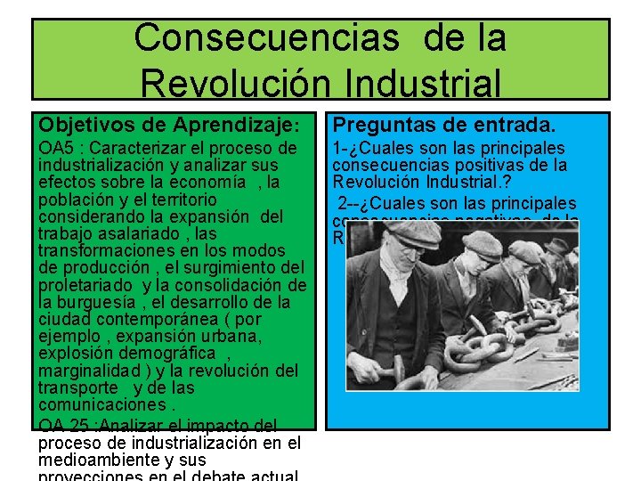 Consecuencias de la Revolución Industrial Objetivos de Aprendizaje: Preguntas de entrada. OA 5 :