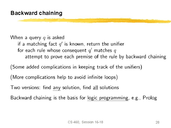 Backward chaining CS 460, Session 16 -18 28 
