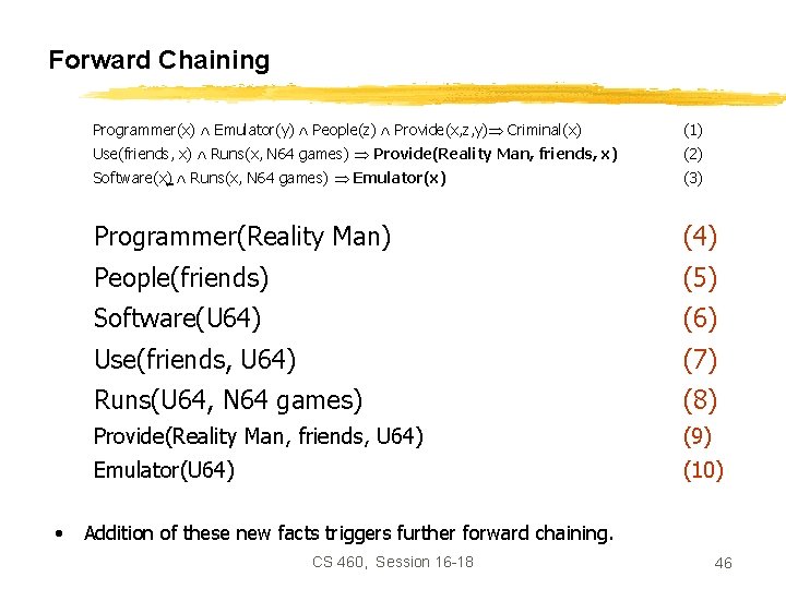 Forward Chaining • Programmer(x) Emulator(y) People(z) Provide(x, z, y) Criminal(x) (1) Use(friends, x) Runs(x,