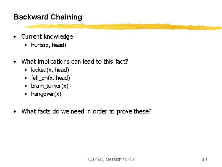 Backward Chaining • Current knowledge: • hurts(x, head) • What implications can lead to