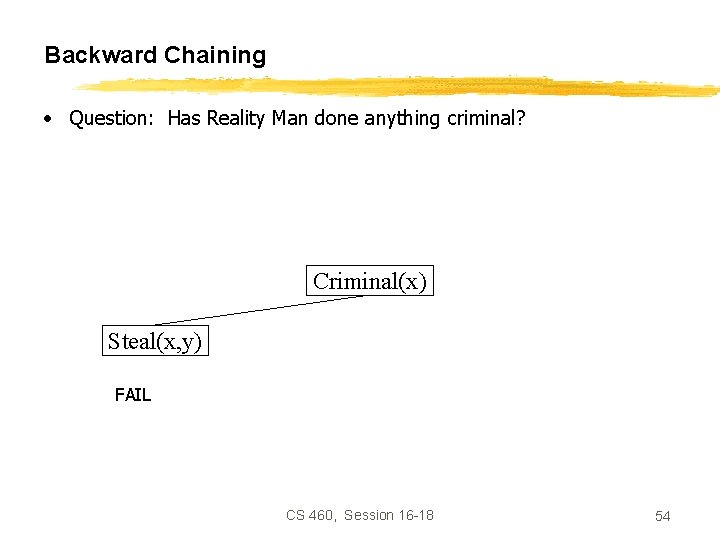 Backward Chaining • Question: Has Reality Man done anything criminal? Criminal(x) Steal(x, y) FAIL