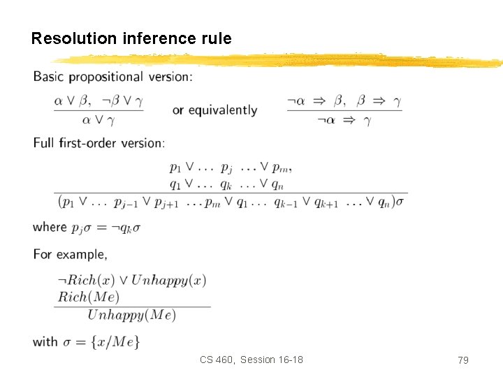 Resolution inference rule CS 460, Session 16 -18 79 