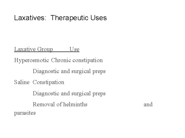 Laxatives: Therapeutic Uses Laxative Group Use Hyperosmotic Chronic constipation Diagnostic and surgical preps Saline