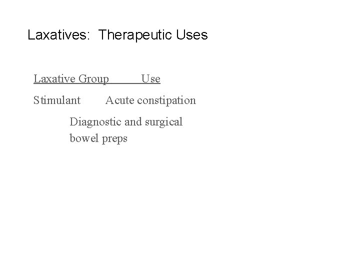 Laxatives: Therapeutic Uses Laxative Group Stimulant Use Acute constipation Diagnostic and surgical bowel preps