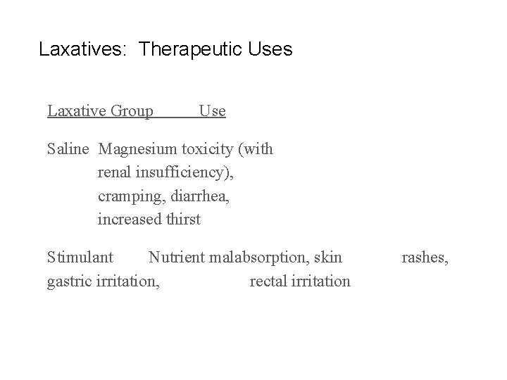 Laxatives: Therapeutic Uses Laxative Group Use Saline Magnesium toxicity (with renal insufficiency), cramping, diarrhea,