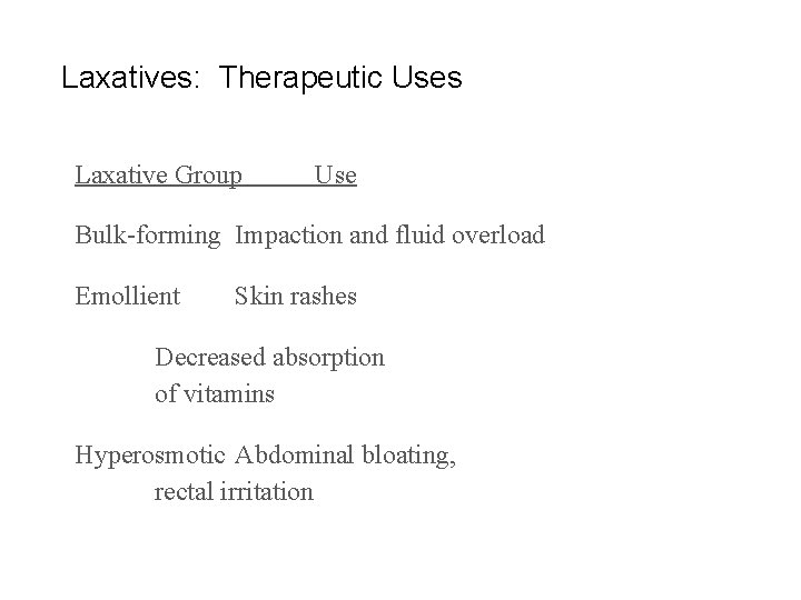 Laxatives: Therapeutic Uses Laxative Group Use Bulk-forming Impaction and fluid overload Emollient Skin rashes