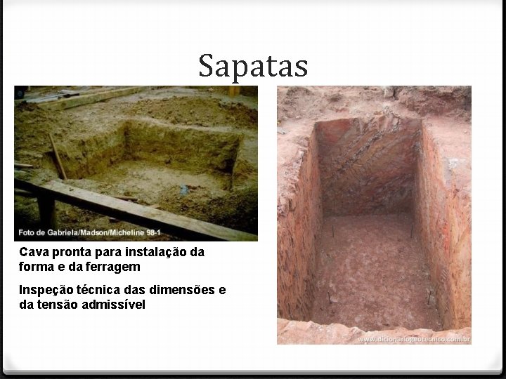 Sapatas Cava pronta para instalação da forma e da ferragem Inspeção técnica das dimensões