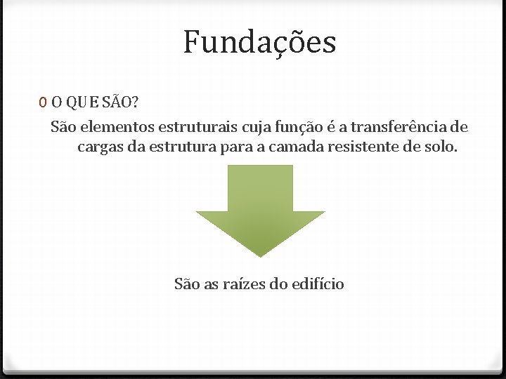 Fundações 0 O QUE SÃO? São elementos estruturais cuja função é a transferência de