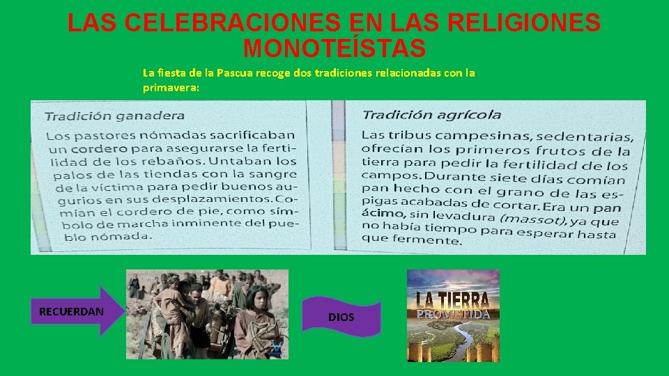 LAS CELEBRACIONES EN LAS RELIGIONES MONOTEÍSTAS La fiesta de la Pascua recoge dos tradiciones