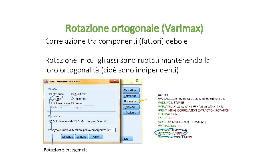 Rotazione ortogonale (Varimax) Correlazione tra componenti (fattori) debole: Rotazione in cui gli assi sono