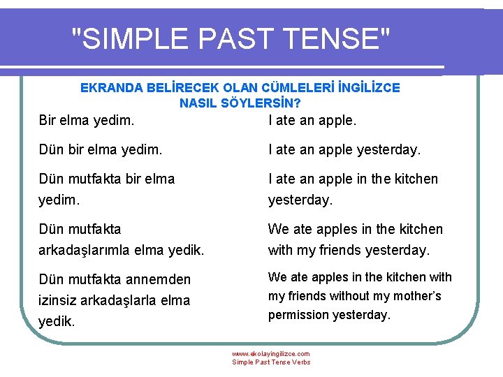"SIMPLE PAST TENSE" EKRANDA BELİRECEK OLAN CÜMLELERİ İNGİLİZCE NASIL SÖYLERSİN? Bir elma yedim. I