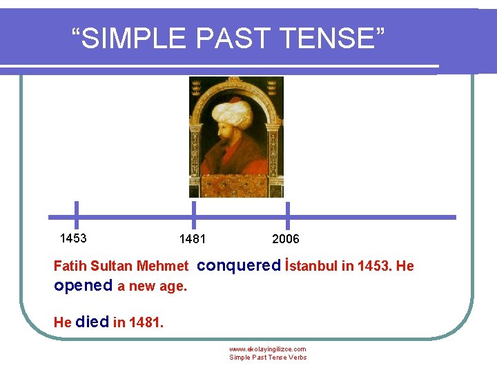 “SIMPLE PAST TENSE” 1453 1481 Fatih Sultan Mehmet opened a new age. 2006 conquered