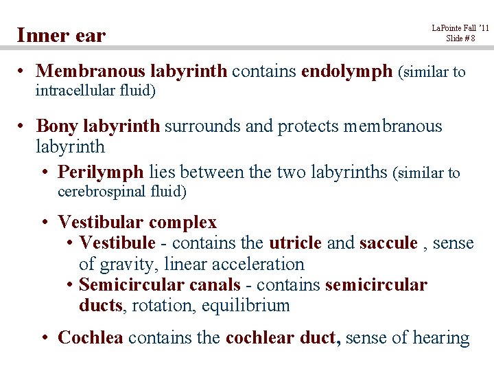Inner ear La. Pointe Fall ’ 11 Slide # 8 • Membranous labyrinth contains