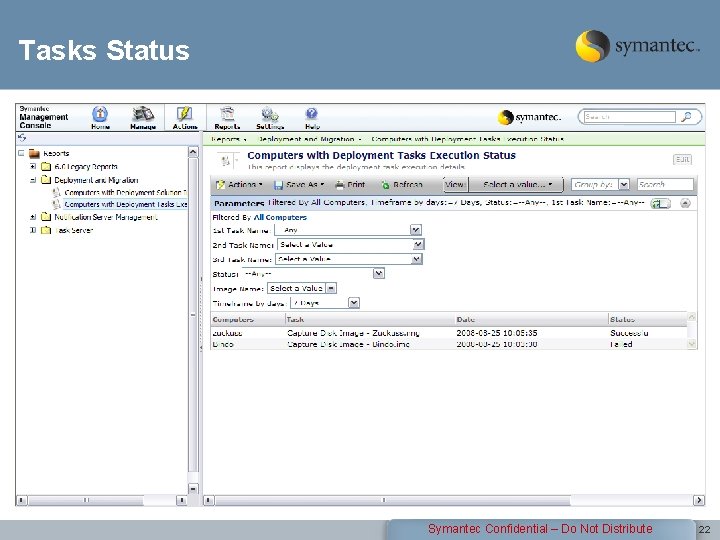 Tasks Status Symantec Confidential – Do Not Distribute 22 