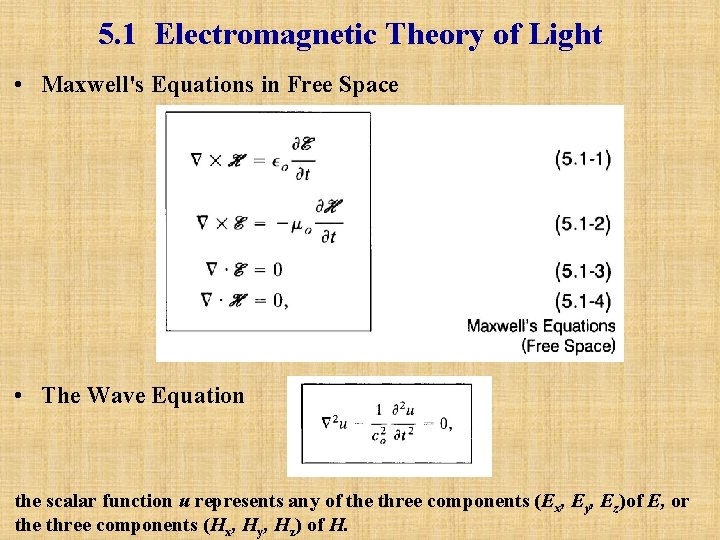 5. 1 Electromagnetic Theory of Light • Maxwell's Equations in Free Space • The