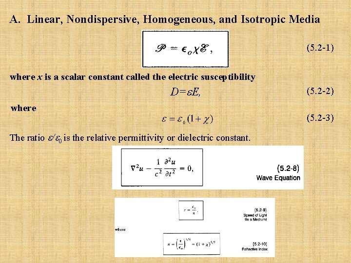 A. Linear, Nondispersive, Homogeneous, and Isotropic Media (5. 2 1) where x is a