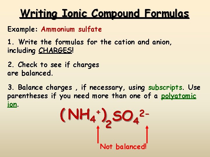 Writing Ionic Compound Formulas Example: Ammonium sulfate 1. Write the formulas for the cation