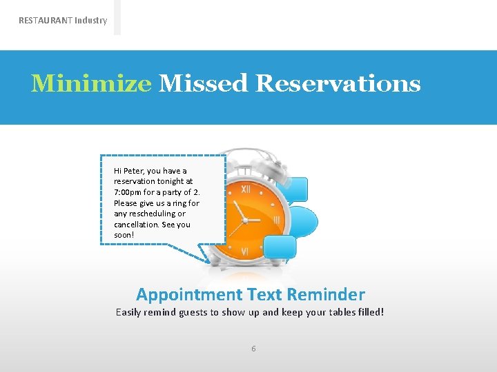 RESTAURANT Industry Minimize Missed Reservations Hi Peter, you have a reservation tonight at 7: