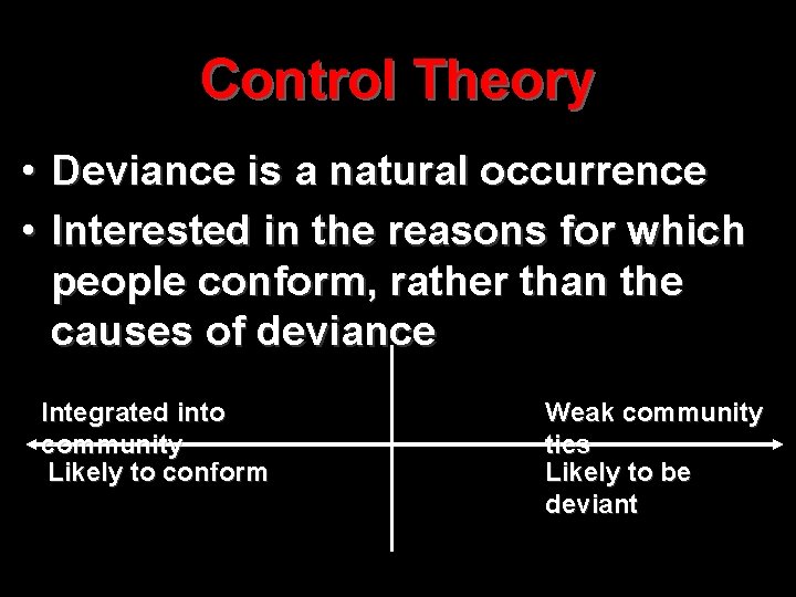 Control Theory • Deviance is a natural occurrence • Interested in the reasons for