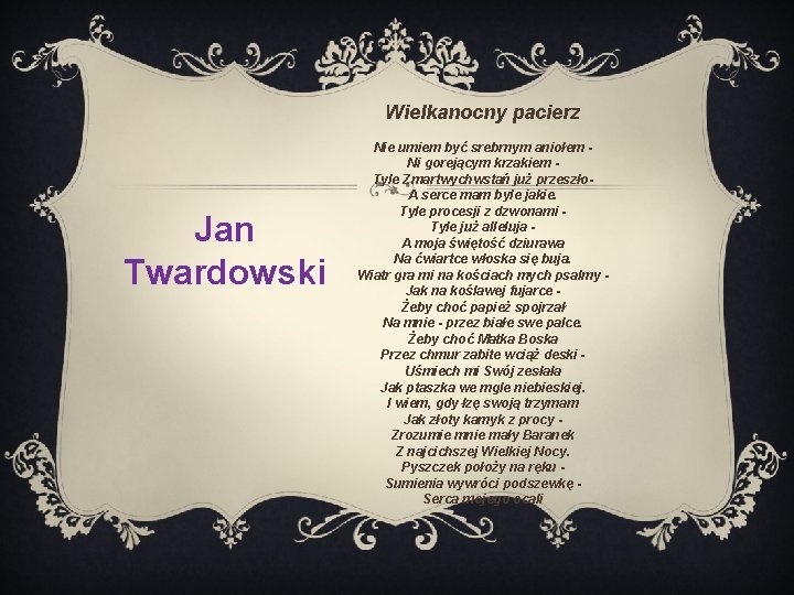 Wielkanocny pacierz Jan Twardowski Nie umiem być srebrnym aniołem Ni gorejącym krzakiem Tyle Zmartwychwstań