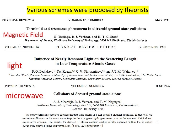 Various schemes were proposed by theorists Magnetic Field RF light microwave 11 Various schemes were proposed by theorists Magnetic Field RF light microwave 11