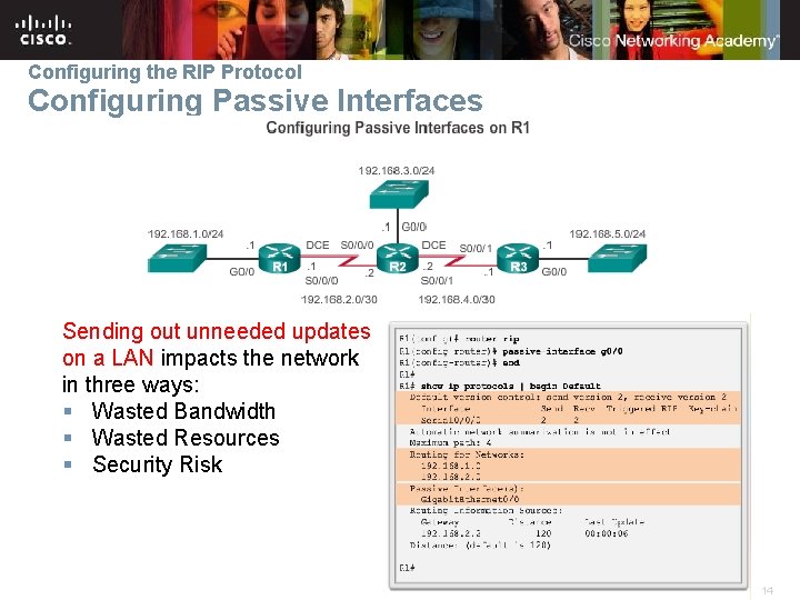 Configuring the RIP Protocol Configuring Passive Interfaces Sending out unneeded updates on a LAN