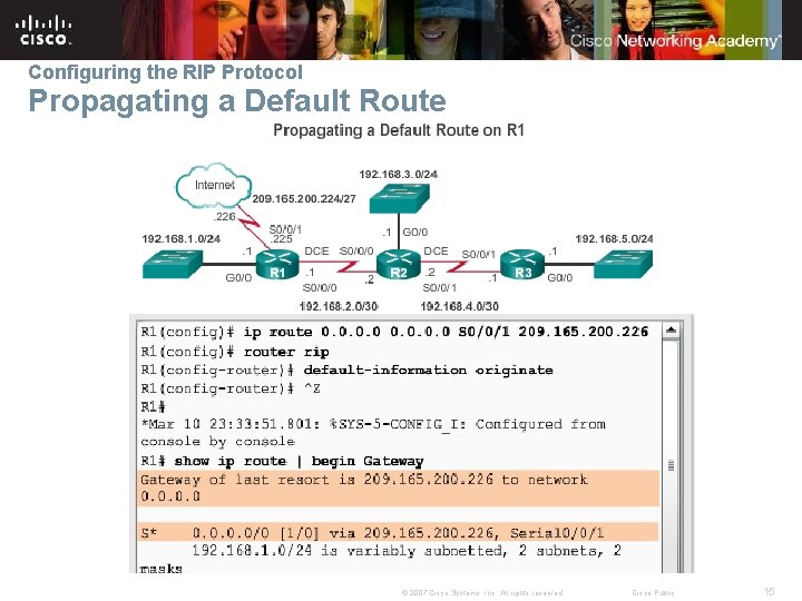 Configuring the RIP Protocol Propagating a Default Route © 2007 Cisco Systems, Inc. All