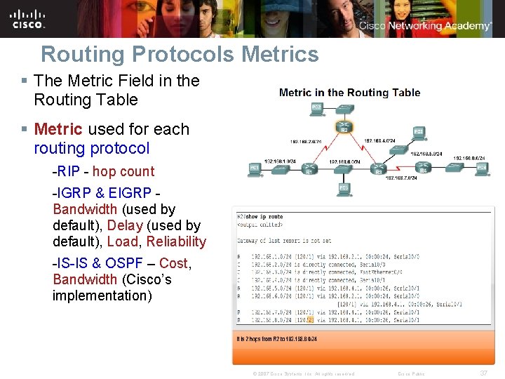 Routing Protocols Metrics § The Metric Field in the Routing Table § Metric used