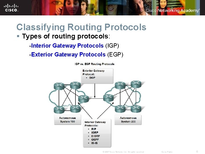 Classifying Routing Protocols § Types of routing protocols: -Interior Gateway Protocols (IGP) -Exterior Gateway