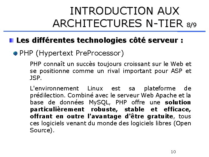 INTRODUCTION AUX ARCHITECTURES N-TIER 8/9 Les différentes technologies côté serveur : PHP (Hypertext Pre.