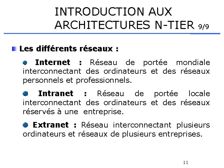INTRODUCTION AUX ARCHITECTURES N-TIER 9/9 Les différents réseaux : Internet : Réseau de portée