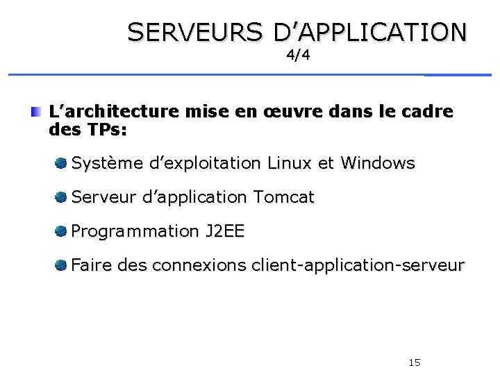 SERVEURS D’APPLICATION 4/4 L’architecture mise en œuvre dans le cadre des TPs: Système d’exploitation