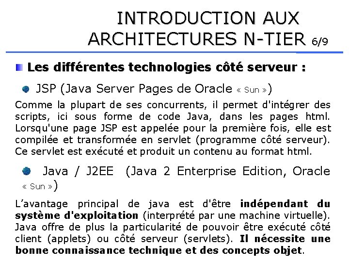 INTRODUCTION AUX ARCHITECTURES N-TIER 6/9 Les différentes technologies côté serveur : JSP (Java Server