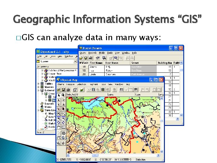 Geographic Information Systems “GIS” � GIS can analyze data in many ways: 