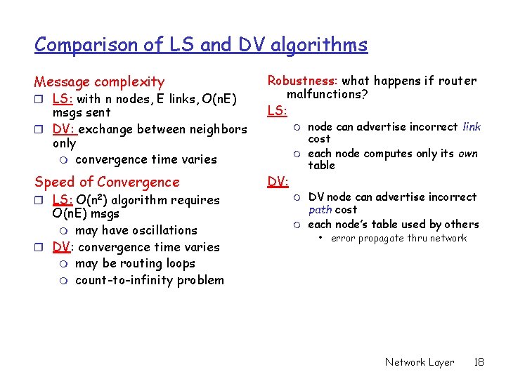 Comparison of LS and DV algorithms Message complexity r LS: with n nodes, E