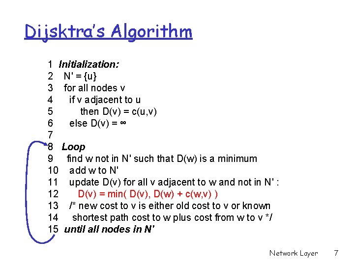 Dijsktra’s Algorithm 1 Initialization: 2 N' = {u} 3 for all nodes v 4