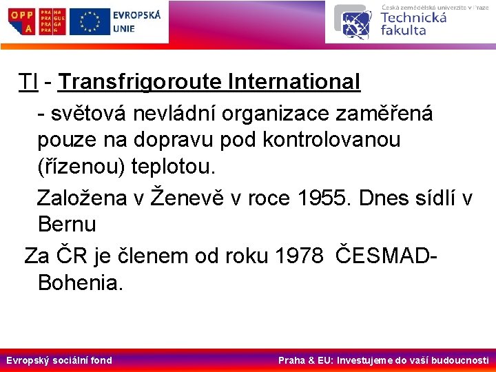 TI - Transfrigoroute International - světová nevládní organizace zaměřená pouze na dopravu pod kontrolovanou