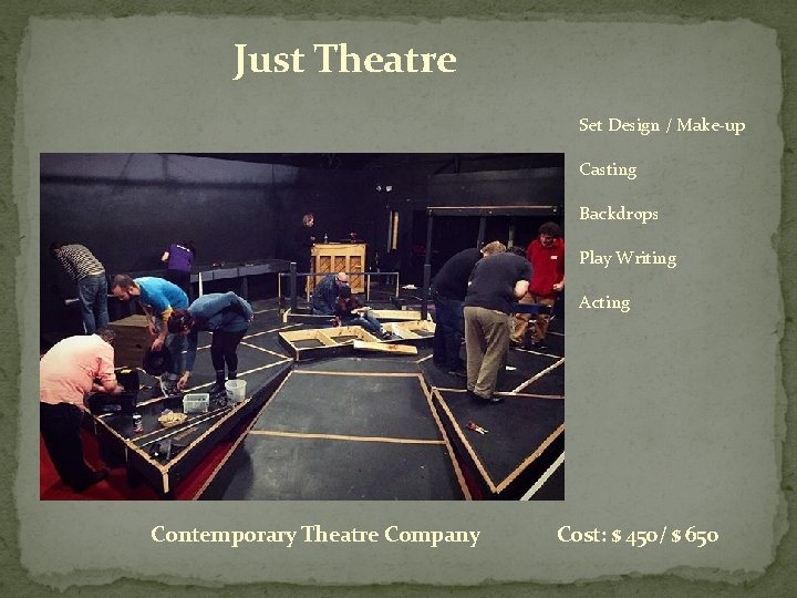 Just Theatre Set Design / Make-up Casting Backdrops Play Writing Acting Contemporary Theatre Company