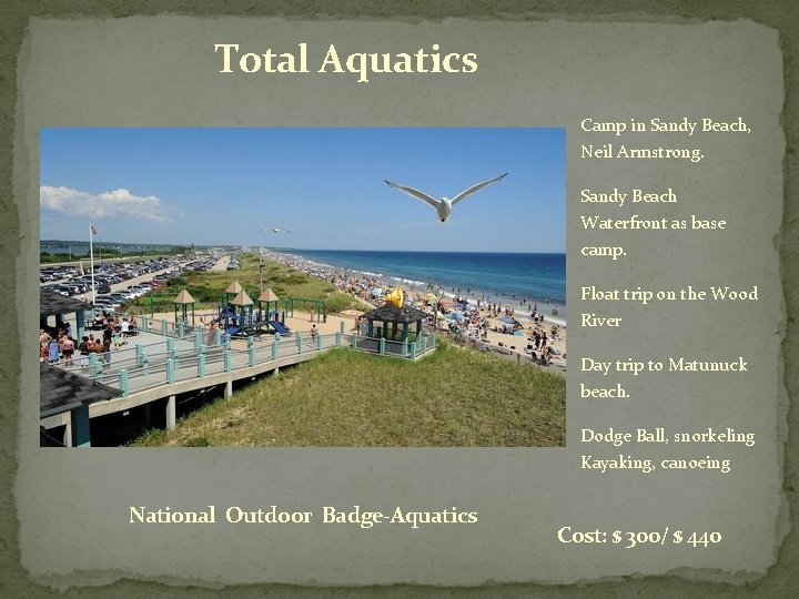 Total Aquatics Camp in Sandy Beach, Neil Armstrong. Sandy Beach Waterfront as base camp.