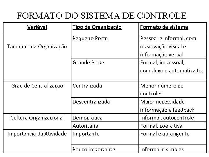 FORMATO DO SISTEMA DE CONTROLE Variável Tipo de Organização Formato de sistema Pequeno Porte