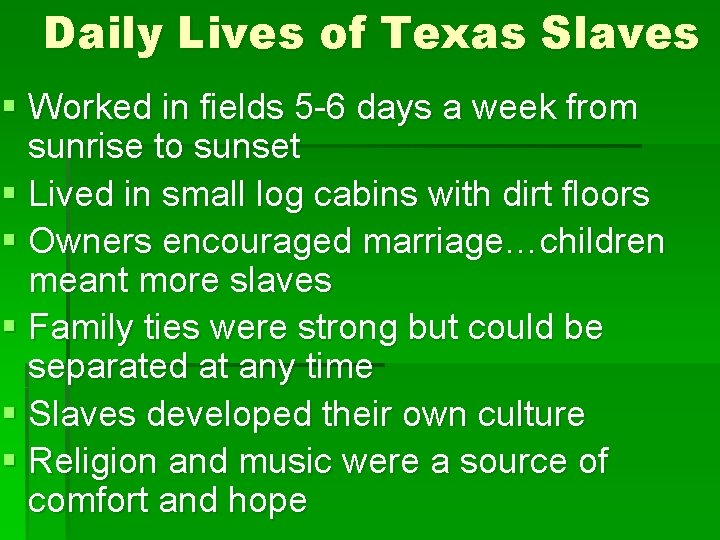 Daily Lives of Texas Slaves § Worked in fields 5 -6 days a week