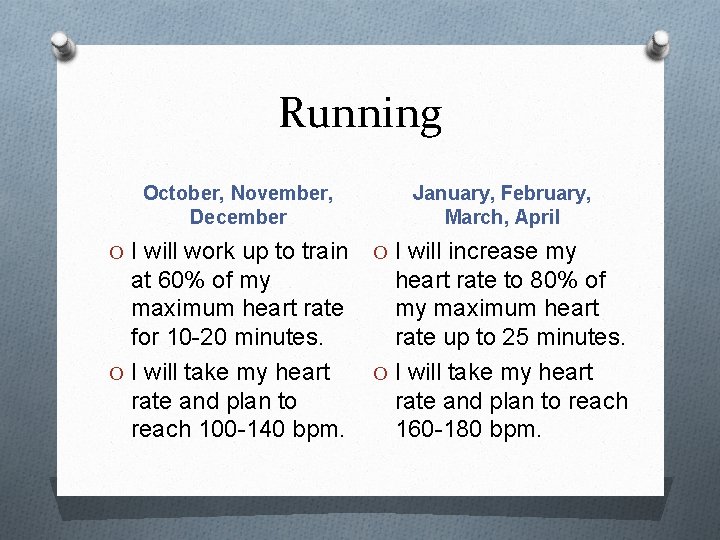 Running October, November, December January, February, March, April O I will work up to