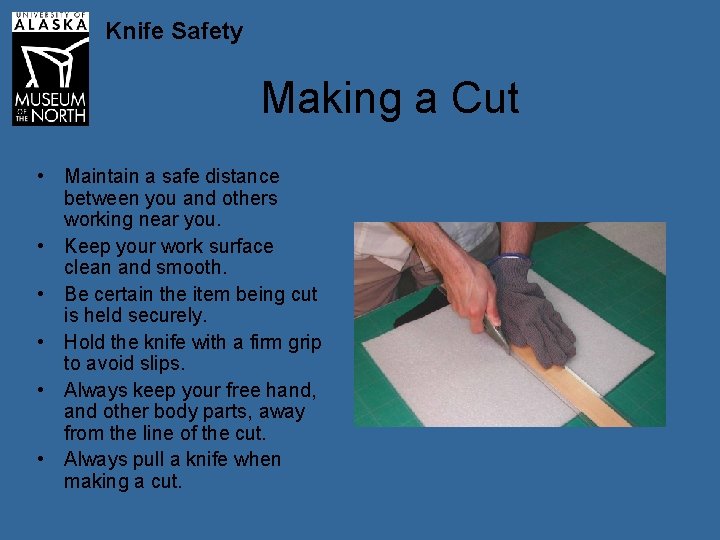 Knife Safety Making a Cut • Maintain a safe distance between you and others
