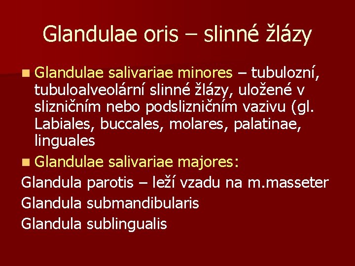 Glandulae oris – slinné žlázy n Glandulae salivariae minores – tubulozní, tubuloalveolární slinné žlázy,