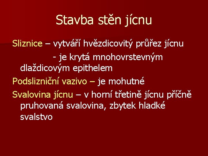 Stavba stěn jícnu Sliznice – vytváří hvězdicovitý průřez jícnu - je krytá mnohovrstevným dlaždicovým